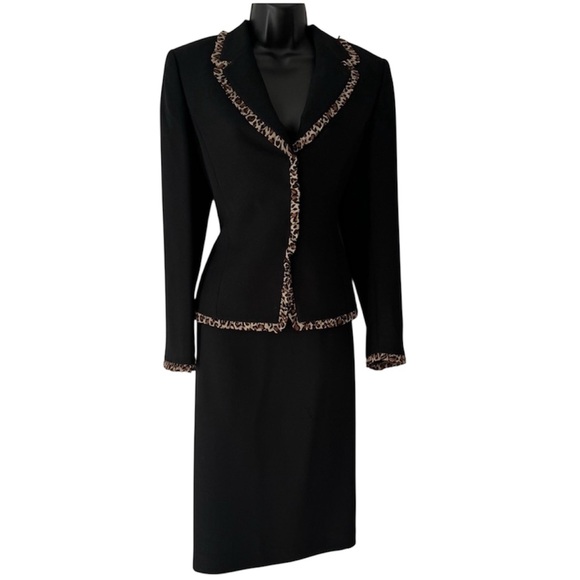 Tahari Black Suit with Leopard Trim. - Picture 1 of 8